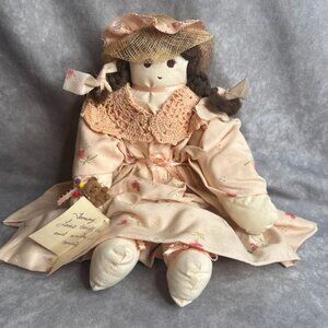 Vintage Handmade Rag Doll Pink Peach Floral Dress Crochet Shawl Brown Hat READ